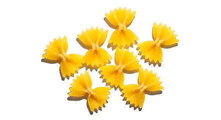 A cluster of six yellow farfalle pasta bow ties arranged on a white background Keywords: farfalle, pasta, bow tie, butterfly, italian, food, dry, uncooked, ingredient, yellow, golden, carbohydrate