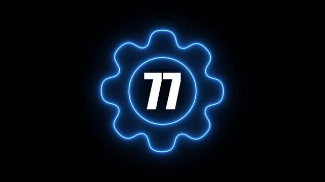 Glowing blue gear with number 77 neon light effect on black background technology symbol gear blue neon