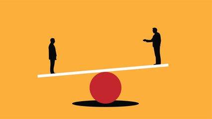 Silhouettes of Two Business People Balancing on Seesaw Colorful. People and activities at white collar work, overcoming difficulties and obstacles vector art