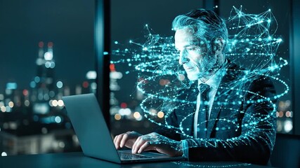Man working on laptop with futuristic digital network overlay in a modern office at night - Powered by Adobe
