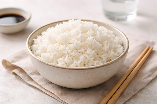 Steamed white rice served in ceramic bowl with chopsticks on table