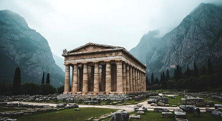 An ancient stone temple stands majestically amidst a serene landscape of mountains and ruins.