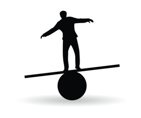 Silhouette of a Man Balancing on Seesaw. People and activities at white collar work, overcoming difficulties and obstacles vector art