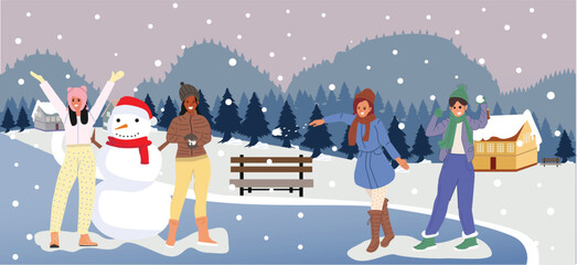 Snowball fight. Young people girl playing snowballs fight. Female characters having fun with snow, winter games. Winter leisure outdoors activity cartoon flat vector illustration. © Amelia