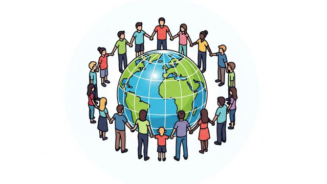 Diverse People Holding Hands Around Globe Symbolizing Unity and Globalization