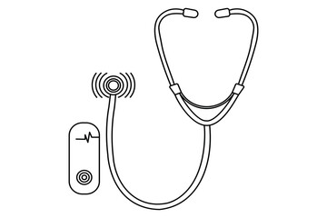 Stethoscope line art drawing with heart rate monitor and sound waves