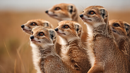 A family of alert meerkats standing upright on golden grasslands, a concept in wild animal social behaviour and group vigilance