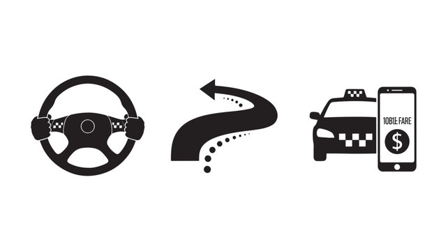 Ride Hailing Service Icon Set in Simple Monochrome Design with Black Color Scheme on White Background for Mobile App