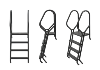 professional composite photograph of three identical, matte black, aluminum swimming pool ladders (front, side, 3/4 views) isolated on a transparent background. concept for luxury summer pool