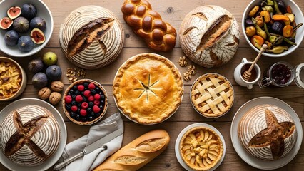 Assorted Homemade Pies and Baked Goods for Bakery Food Background