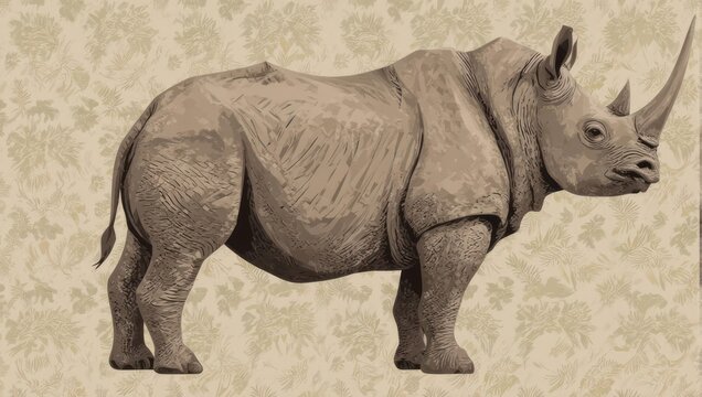 Realistic digital illustration of a large gray rhinoceros in profile.