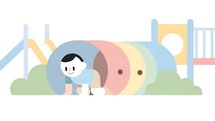 Fototapeta premium Child crawling through pastel play tunnel at playground with slides, bushes, and smiling face nearby