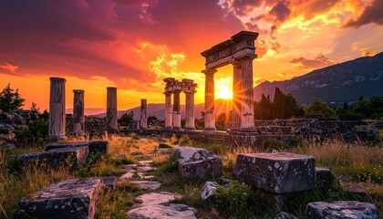 Fototapeta premium Ancient Ruins at Sunset - A Journey Through Time and Beauty.