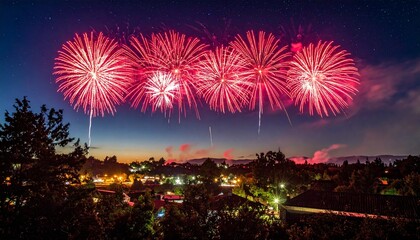 Vibrant red and white fireworks bursting symmetrically in starry night sky above silhouetted buildings and trees