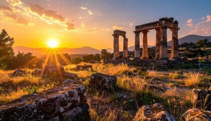 Obraz premium Ancient Ruins at Sunset - A Timeless Landscape of History and Beauty.