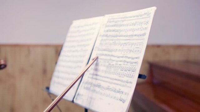 Close-up of a violin bow pointing at sheet music during a music lesson. A young female violinist holds her instrument while receiving guidance, emphasizing note reading and musical interpretation.