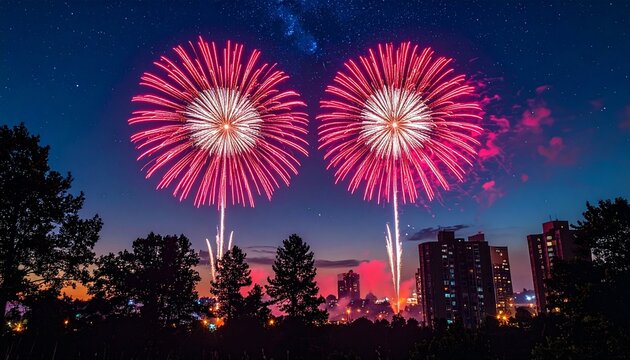 Vibrant red and white fireworks bursting symmetrically in starry night sky above silhouetted buildings and trees - Powered by Adobe