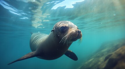 Obraz premium Curious seal gliding gracefully through sunlit turquoise ocean water near the rocky seabed