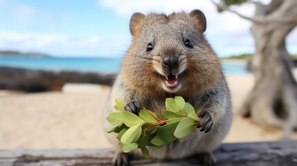 Curious Small Brown Mammal Holding Fresh Green Leaves on a Sunny Beachfront
