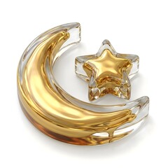 Luxury 3D Crystal and Gold Crescent Moon with Star Isolated on White Background for Ramadan
