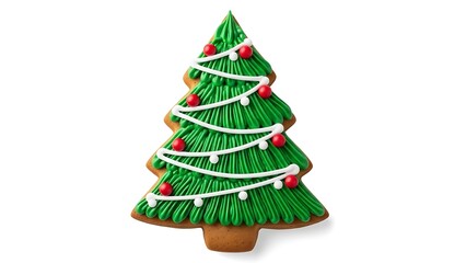 A gingerbread cookie shaped like a Christmas tree decorated with green icing and red ornaments holiday