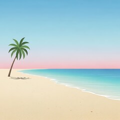 Fototapeta premium Tropical Beach Paradise with Palm Tree and Calm Ocean at Sunset.