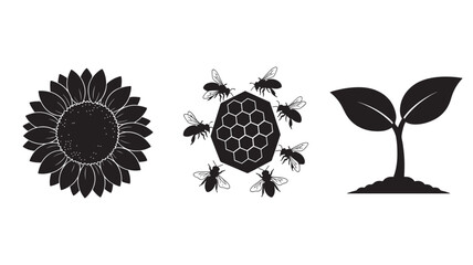 Bee icons with honeycomb and floral elements in minimalist black style on white background for eco-friendly branding