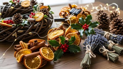 Festive Christmas Food Flat Lay with Holiday Decorations and Snacks