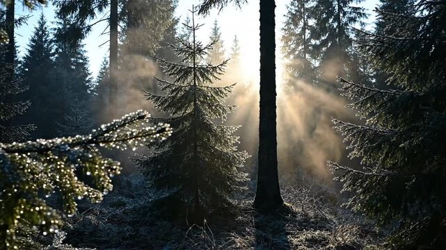 Misty dawn light breaks through a dense conifer forest casting sunbeams on frost-covered branches