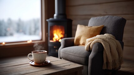 Cozy Winter Cabin Scene with Coffee and Fireplace