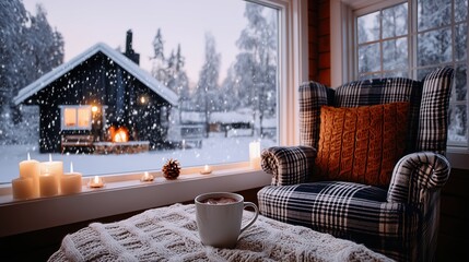 Cozy Cabin View on Snowy Winter Evening with Hot Drink