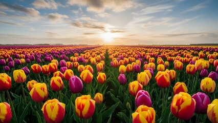 Colorful Tulip Flower Field at Sunset for Spring Nature Landscape