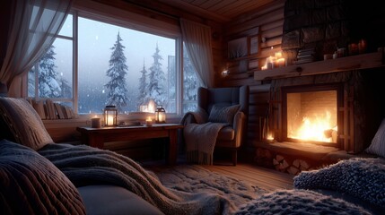Cozy Wooden Cabin Interior with Fireplace and Snowy Window View
