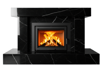 detailed close-up of a modern minimalist fireplace, polished nero marquina black marble mantelpiece with matte steel insert, vigorous warm flames on a transparent studio background. Sophisticated