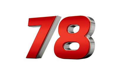 Metallic Red number 78 with a glossy finish and reflective silver edges. 3d illustration