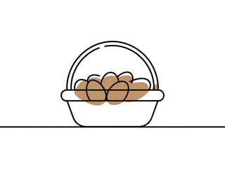 A simple line drawing of a basket filled with eggs on a plain background