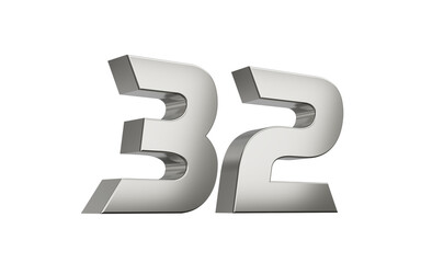 3d Silver number 32 Thirty two sleek metallic look with a slight shadow effect, 3d illustration