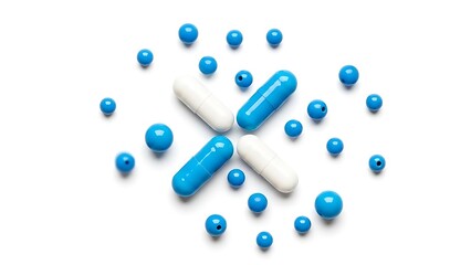 Blue and White Capsules and Small Blue Spheres Arranged in a Pattern pills medicine