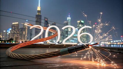 Creative 2026 New Year design template with fiber light effect and shadow. AI generated.
