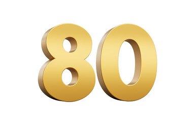 3D Golden number 80 Eighty with a shiny metallic finish and sharp edges, 3d illustration