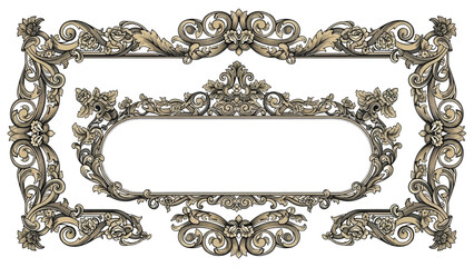 Fototapeta premium Ornate carved floral frame with scrolling acanthus, central oval cartouche and symmetrical accents...