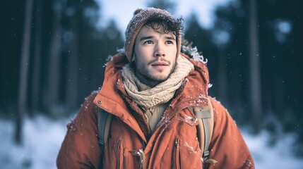 Young man bundled up in warm jacket hiking in snowy forest