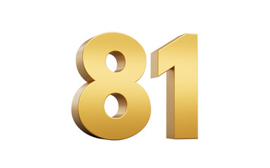3D Golden number 81 Eighty one with a shiny metallic finish and sharp edges, 3d illustration