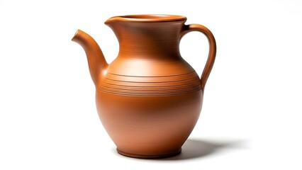 Brown Clay Pitcher with Spout and Handle on White Background terracotta earthenware