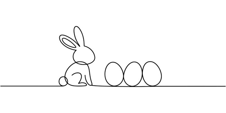 A minimalist line drawing of a rabbit sitting next to a group of eggs on a plain background.