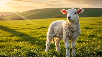 Obraz premium Adorable White Spring Lamb in Sunny Green Field at Sunset.