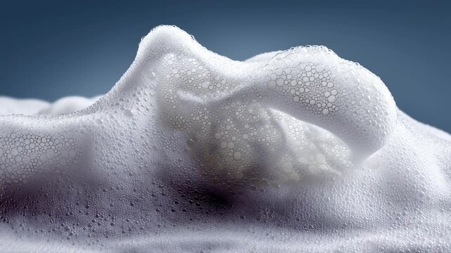 Delicate white foam takes center stage in this soft studio environment. Intricate bubbles shimmer as light reflects softly, creating a mesmerizing visual display filled with elegance and calm