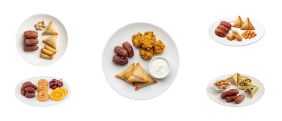 Assortment of Middle Eastern snacks and dates on white plates isolated on a transparent background