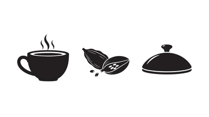 Obraz premium Coffee Cup and Coffee Beans and Serving Dome in Simple Silhouette Design with Black Color on White Background for Cafe Menu