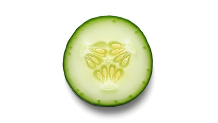 Close-up of a single cross-section of a fresh green cucumber with visible seeds and white background
